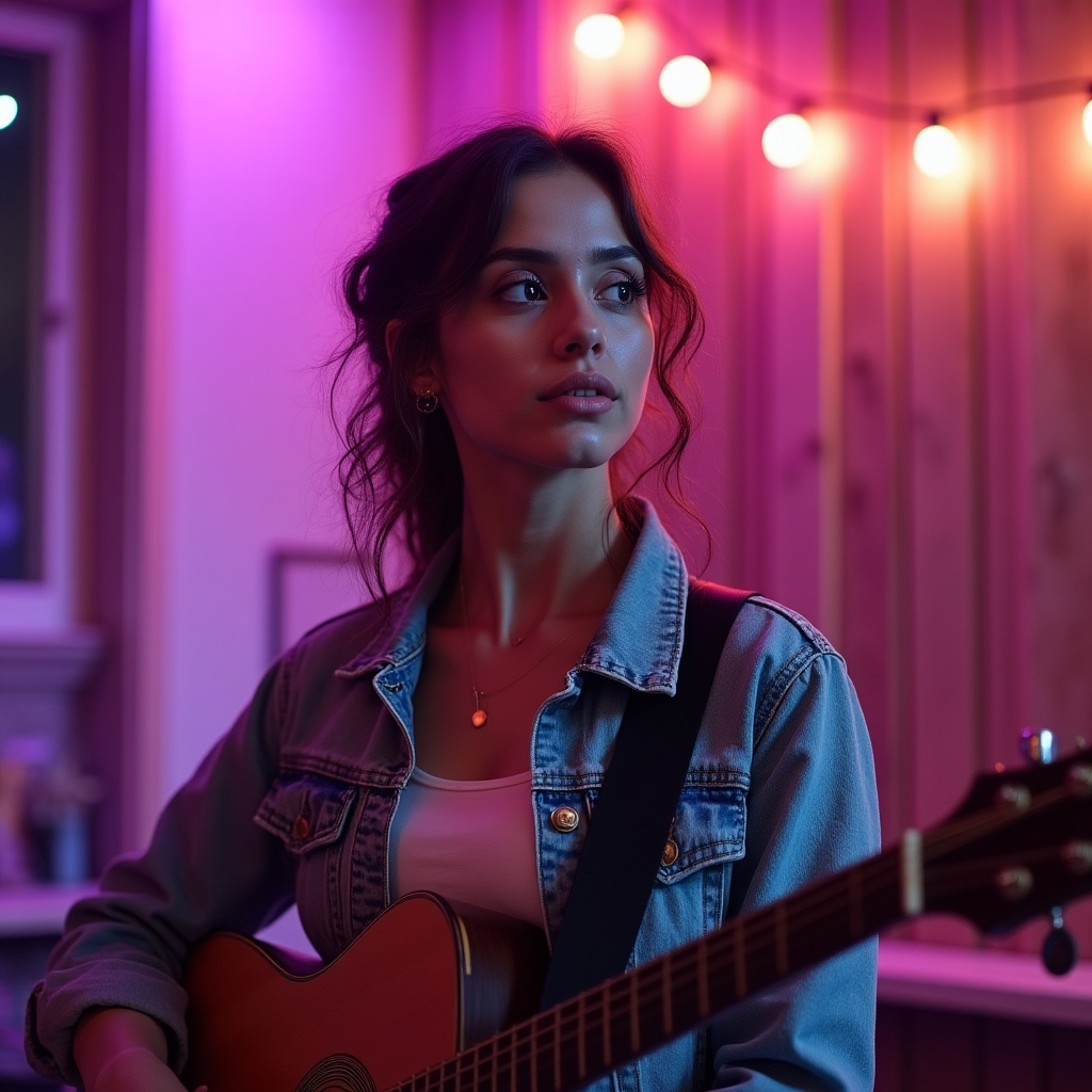 Musicista indipendente durante una sessione del workshop su un piccolo palco illuminato