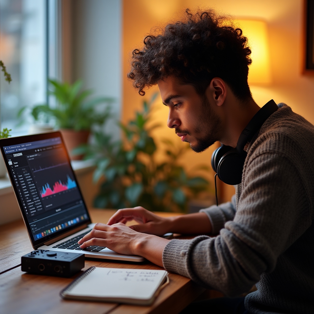 Musicista che carica un brano su una piattaforma di distribuzione digitale dal proprio laptop
