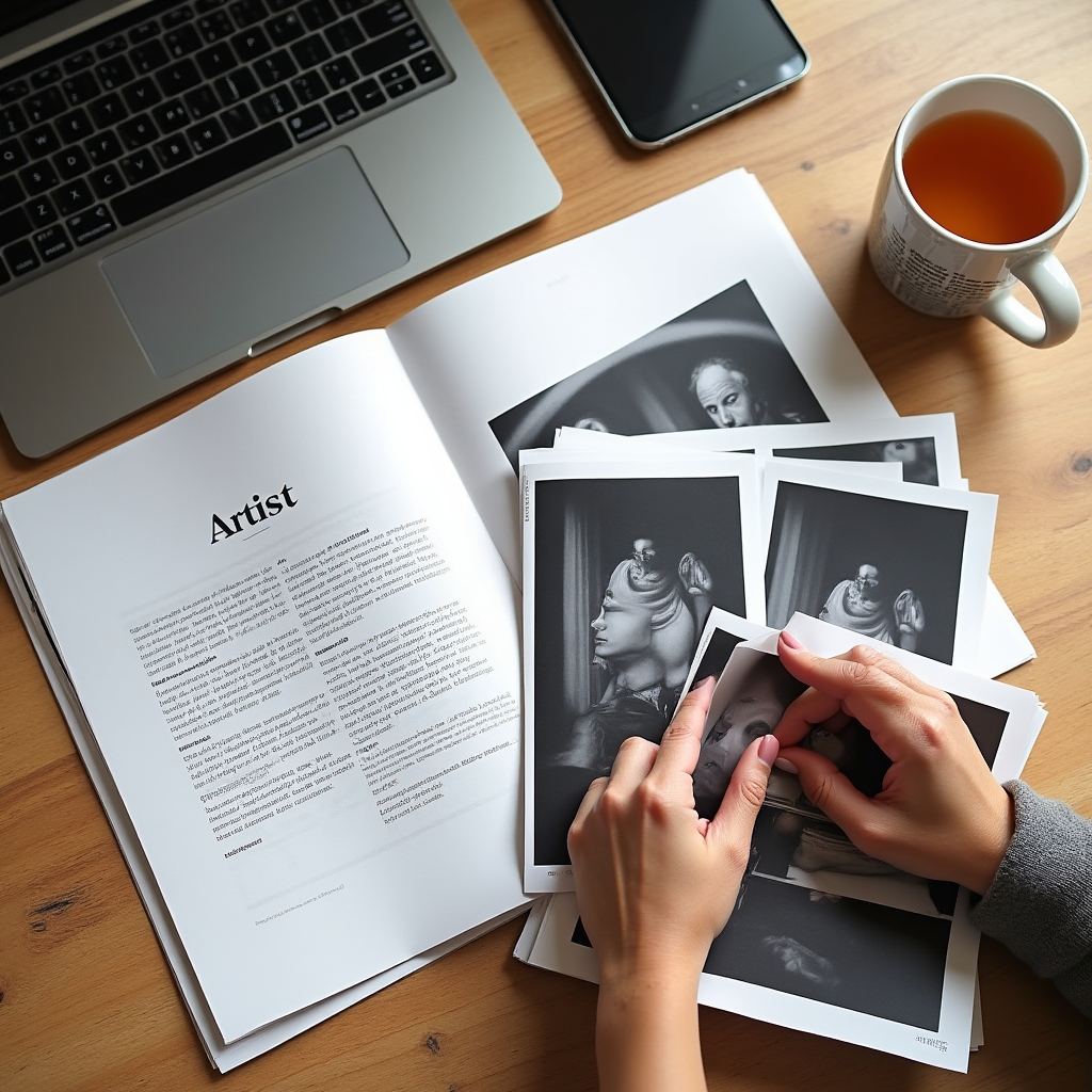 Scrivania con foto, biografia stampata e appunti per la costruzione di un press kit digitale