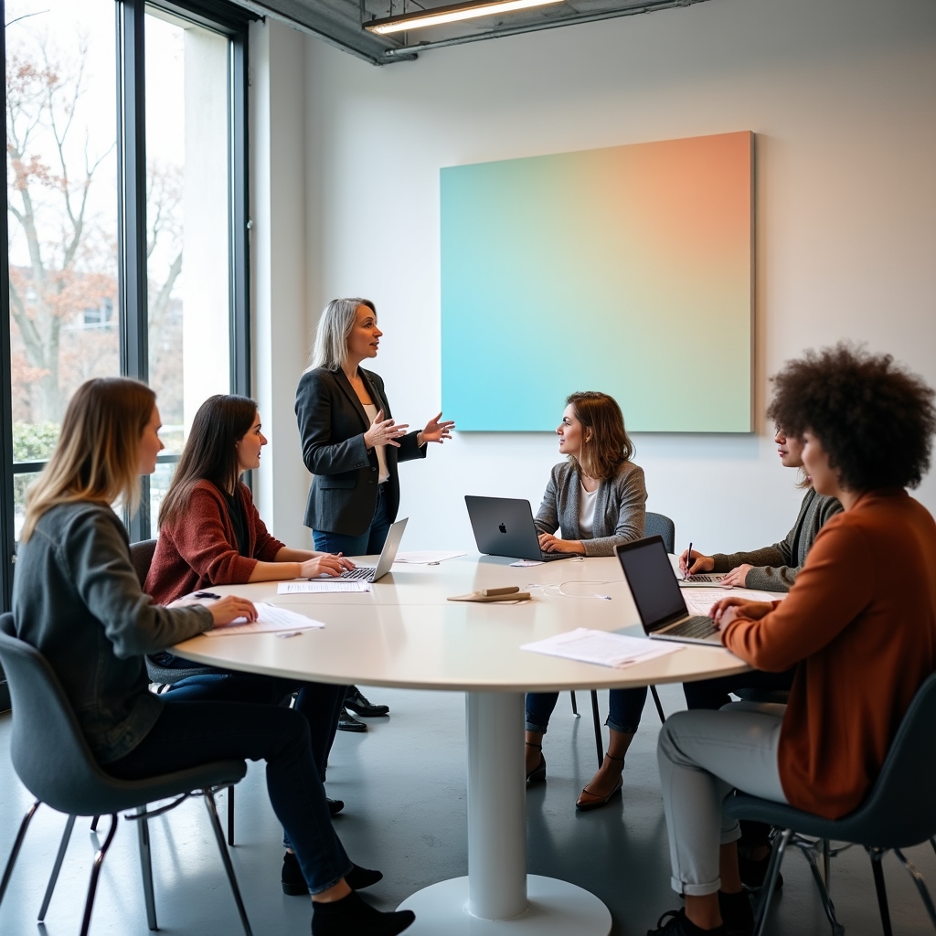 Aula del workshop con partecipanti seduti a piccoli tavoli durante una sessione pratica