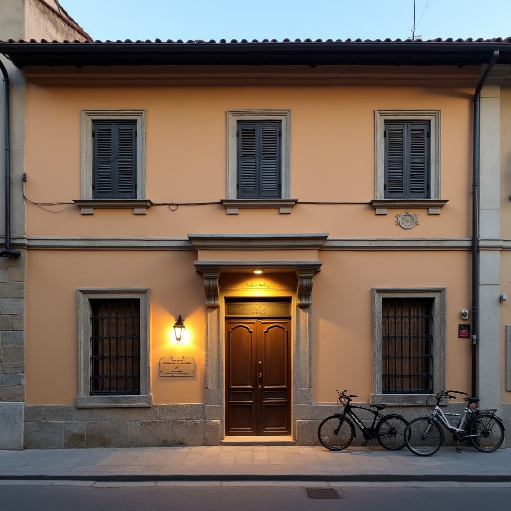 Facciata dell'edificio a Udine dove si svolge il workshop, con insegna e ingresso illuminato